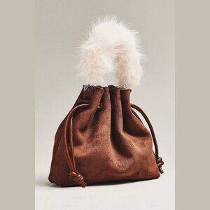NEW Cinched Suede Faux Fur Bucket Bag - Chocolate, By Anthropologie
